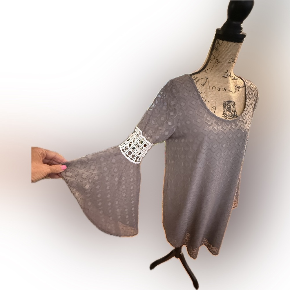 VaVa by Joy Han Bohemian Dress Taupe Big Bell Sleeves Size L Lace Trim Lined - Picture 2 of 14